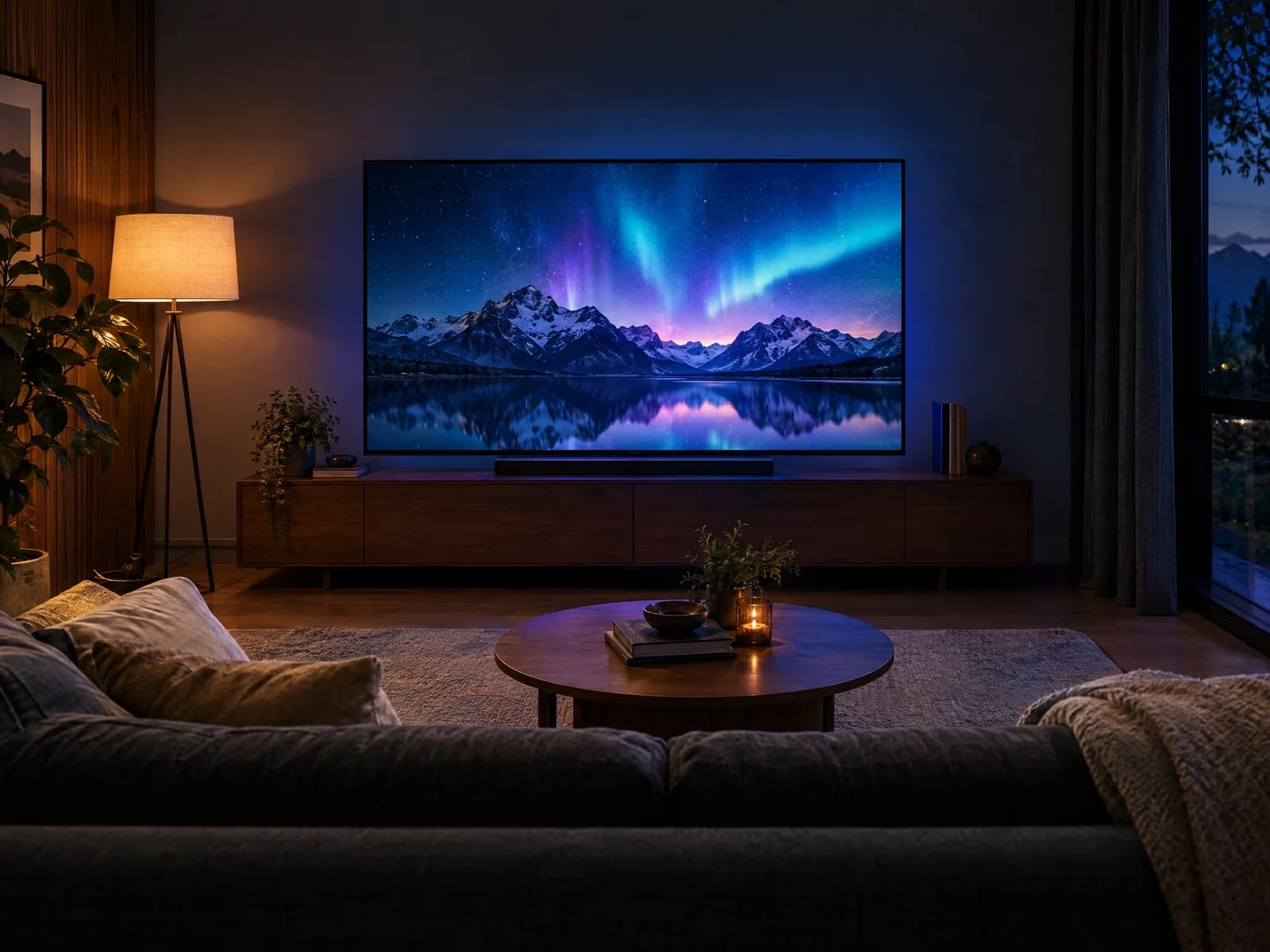 Imagen ilustrativa de una sala acogedora con un televisor mostrando un paisaje nocturno