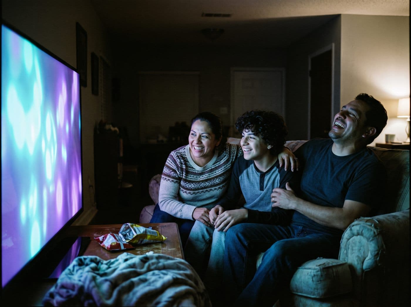 Familia viendo un partido de fútbol en casa